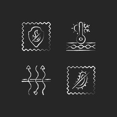 Fabric characteristics chalk white icons set on black background. Fireproof and breathable textile. Thermal insulated, antimicrobial fiber. Isolated vector chalkboard illustrations