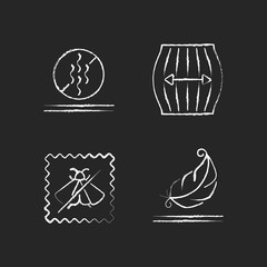 Textile qualities chalk white icons set on black background. Fabric feature. Odor resistant. Stretching fiber. Moth repellent and lightweight fabric. Isolated vector chalkboard illustrations