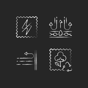 Different fabric features chalk white icons set on black background. Antistatic textile property. Membrane and windproof fiber. Recycled cotton. Isolated vector chalkboard illustrations