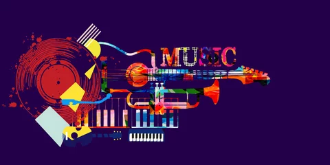 Foto auf Alu-Dibond Musical promotional poster with musical instruments and lp vinyl record vector illustration. Artistic abstract design with vinyl record disc for concert events, music festivals and shows, party flyer © abstract