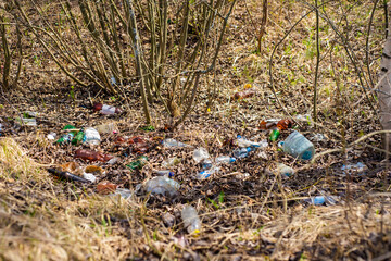 (environmental concept) Household garbage in the autumn forest, pollution of the environment and nature. Garbage - plastic waste, garbage in nature in the forest.