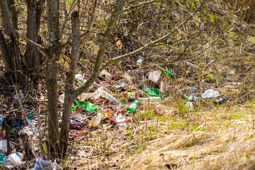 (environmental concept) Household garbage in the autumn forest, pollution of the environment and nature. Garbage - plastic waste, garbage in nature in the forest.
