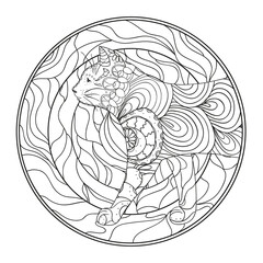Mandala with cat. Zentangle. Hand drawn cat with abstract patterns on isolation background. Design for spiritual relaxation for adults. Black and white illustration for coloring. Outline for t-shirts