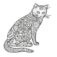 Cat. Design Zentangle. Hand drawn cat with abstract patterns on isolation background. Design for spiritual relaxation for adults. Black and white illustration for coloring. Zen art. Decorative style