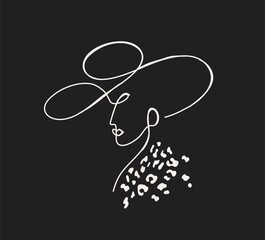 Modern linear portrait of young beautiful woman wearing hat.  Profile face in one line style. Vector illustration
