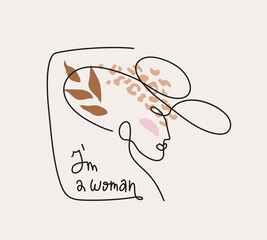 Modern linear portrait of young beautiful woman wearing hat.  Profile face in one line style. I am a woman vector illustration