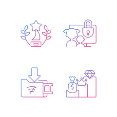 Broadcast services gradient linear vector icons set. Award-winning content. Parental control. Offline downloads. Thin line contour symbols bundle. Isolated vector outline illustrations collection