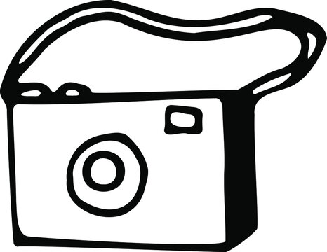 A hand-drawn camera. Black and white vector illustration. Isolated object.