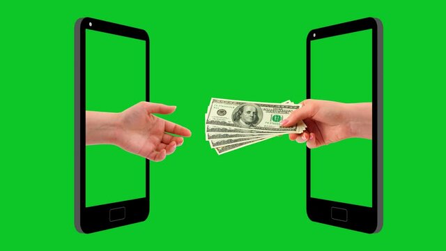 Hands stick out of the phones one holds the money the other takes it on a green background