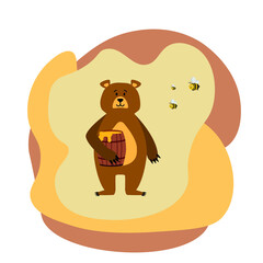 vector bear with a barrel of honey. flat image of a brown bear. the bear is standing and holding a barrel of honey