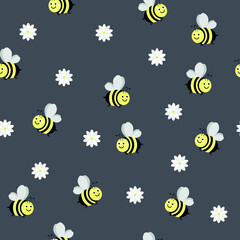 vector pattern with bees on a gray background. flat pattern image with flying bees