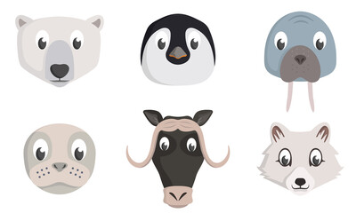 Set of arctic animal heads. Wildlife inhabitants in cartoon style.