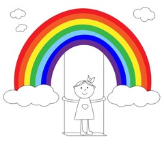 Girl on a swing on a rainbow. Hand-drawn cartoon illustration. Children's Day.