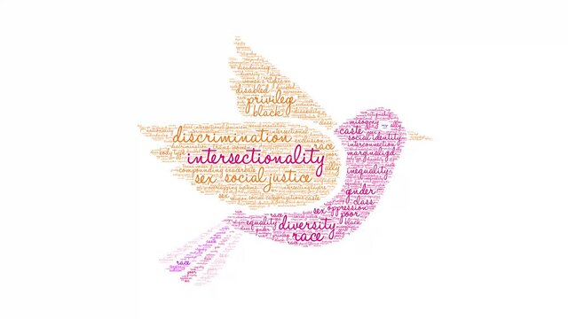 Intersectionality animated word cloud on a white background.