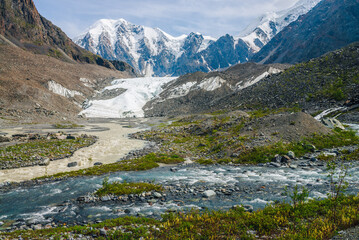 Fototapeta na wymiar Sunny alpine landscape with confluence of two various mountain rivers on background of snowy mountain with glacier. Beautiful clear creek flows into dirty river. Confluence of two different rivers.