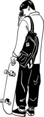 Man holding skateboard and Camera snapshot Hipster street lifestyle Hand drawn line art illustration 
