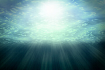 Blue underwater world of sea or ocean with rays background. Illustration of ecology concept.