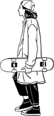 Hipster young man walking holding skateboard Hand drawn illustration vector 