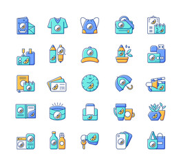 Company branding materials RGB color icons set. Uniquely created stylish house decor elements. Fashionable clothes and accessories. Isolated vector illustrations