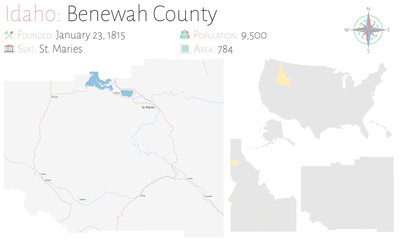 Fototapeta na wymiar Large and detailed map of Benewah county in Idaho, USA.