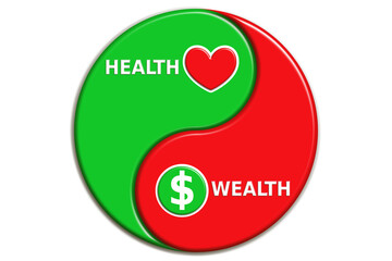 Health is wealth concept illustration. Heart, and dollar shape in a ying yang. A design in green and red for healthcare, awareness, poster.