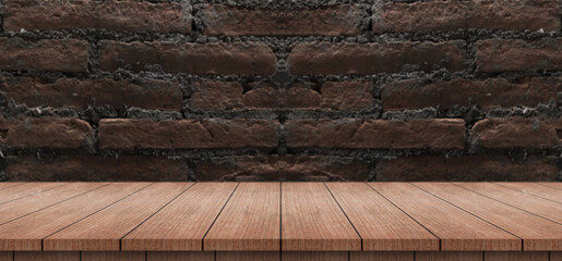 Empty wood table top with old brick wall background