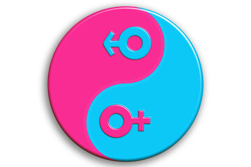 Gender equality concept illustration flat banner. Pink and blue male and female icons into a ying yang. Equal opportunities, equity concept.