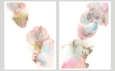 A set of two pink, beige, blue, green  marble poster prints. Fluid wall art.