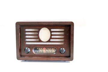 Brown radio made of wood with a retro look,white background