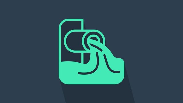 Turquoise Wastewater icon isolated on blue background. Sewer pipe. From the pipe flowing liquid into the river. 4K Video motion graphic animation