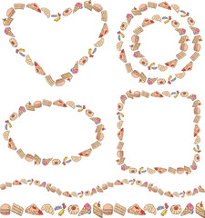 Fototapeta premium Vector drawings of decorative borders and frames from various drawn confectionery