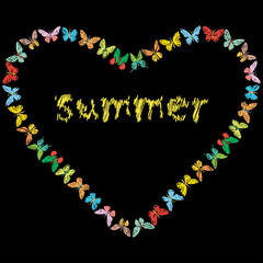 Vector image of decorative heart shape from  various drawn colorful butterflies with lettering summer
