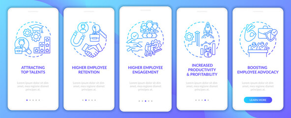 Company ethos benefits onboarding mobile app page screen with concepts. Employee engagement walkthrough 5 steps graphic instructions. UI, UX, GUI vector template with linear color illustrations