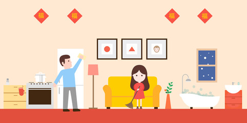 Cleaning, family, family, husband and wife, warm, cleaning, sanitation, cleaning, fun, interesting, plane, OK, satisfied, finished, OK, Chinese new year, Spring Festival, new year's Eve,