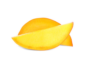 Juicy mango slices on white background. Tropical fruit