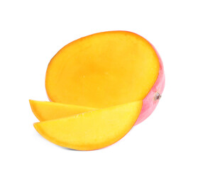 Delicious cut mango on white background. Tropical fruit