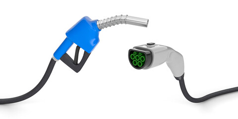 Fuel pump and plug for charging electric vehicles. isolated on white background. 3d render