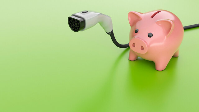 Electric car plug and piggy bank on a green background. Copy space for text. 3d render