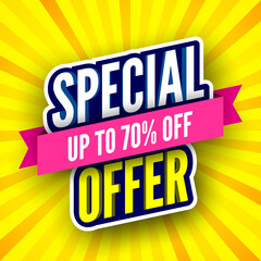 Special offer banner  with pink ribbon on yellow striped background. Vector illustration.