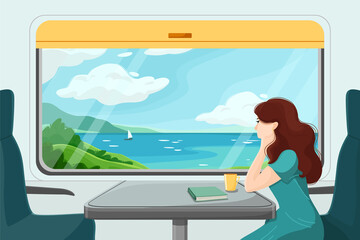 Fototapeta na wymiar The girl looks thoughtfully from the train window. The girl is sitting in a train carriage. Summer travel. Vector illustration. Summer vacation at the sea. Seascape through the train window.