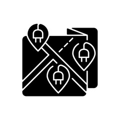 EV charging stations map or network black glyph icon. Business that distributes chargin places for electromobiles. Selling eco fuel. Silhouette symbol on white space. Vector isolated illustration