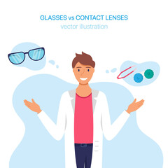 Glasses vs contact lenses. Ophthalmologist offer a choice to vision correction. Vector illustration. 