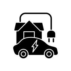 Home EV charging point black glyph icon. Fueling up electronic vehicle at home. Convinient place to charge electromobile. Natural fuel. Silhouette symbol on white space. Vector isolated illustration