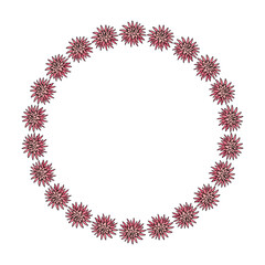 Round frame with pink flowers on white background. Doodle style. Vector image.
