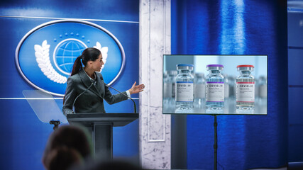 Organization Female Representative Speaking at Press Conference in Government Building Talking...