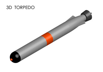 realistic torpedo for submarine. Weapons of war at sea and in ocean. 3D Vector - obrazy, fototapety, plakaty