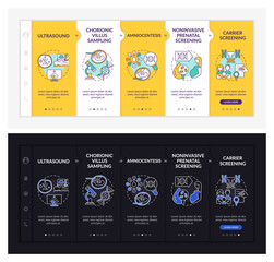 Genetic diseases diagnostics onboarding vector template. Responsive mobile website with icons. Web page walkthrough 5 step screens. Illness dark, light mode concept with linear illustrations