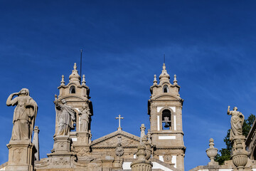 Statues on Baroque stairway that climbs 116 meters in Imposing Good Jesus of Mount (Bom Jesus do Monte, 1373) Portuguese sanctuary outside Braga city. It is an important tourist attraction of Braga.