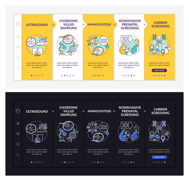 Genetic diseases diagnostics onboarding vector template. Responsive mobile website with icons. Web page walkthrough 5 step screens. Illness dark, light mode concept with linear illustrations