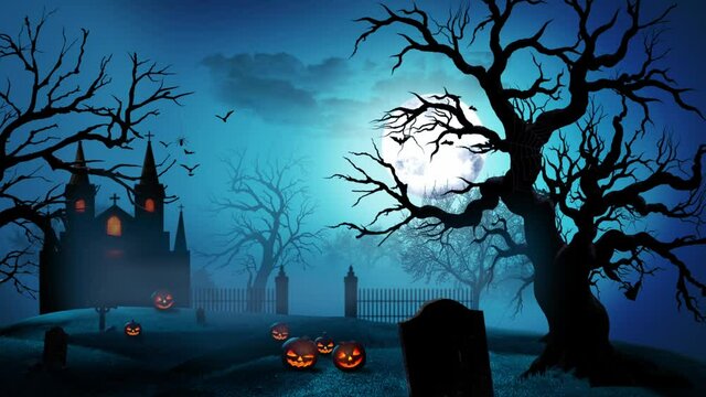 Halloween animation with the concept of green night, moon, shining stars, flying witch, bats, ghosts, animated trees, grasses, haunted castle, and scary pumpkins. Halloween animation